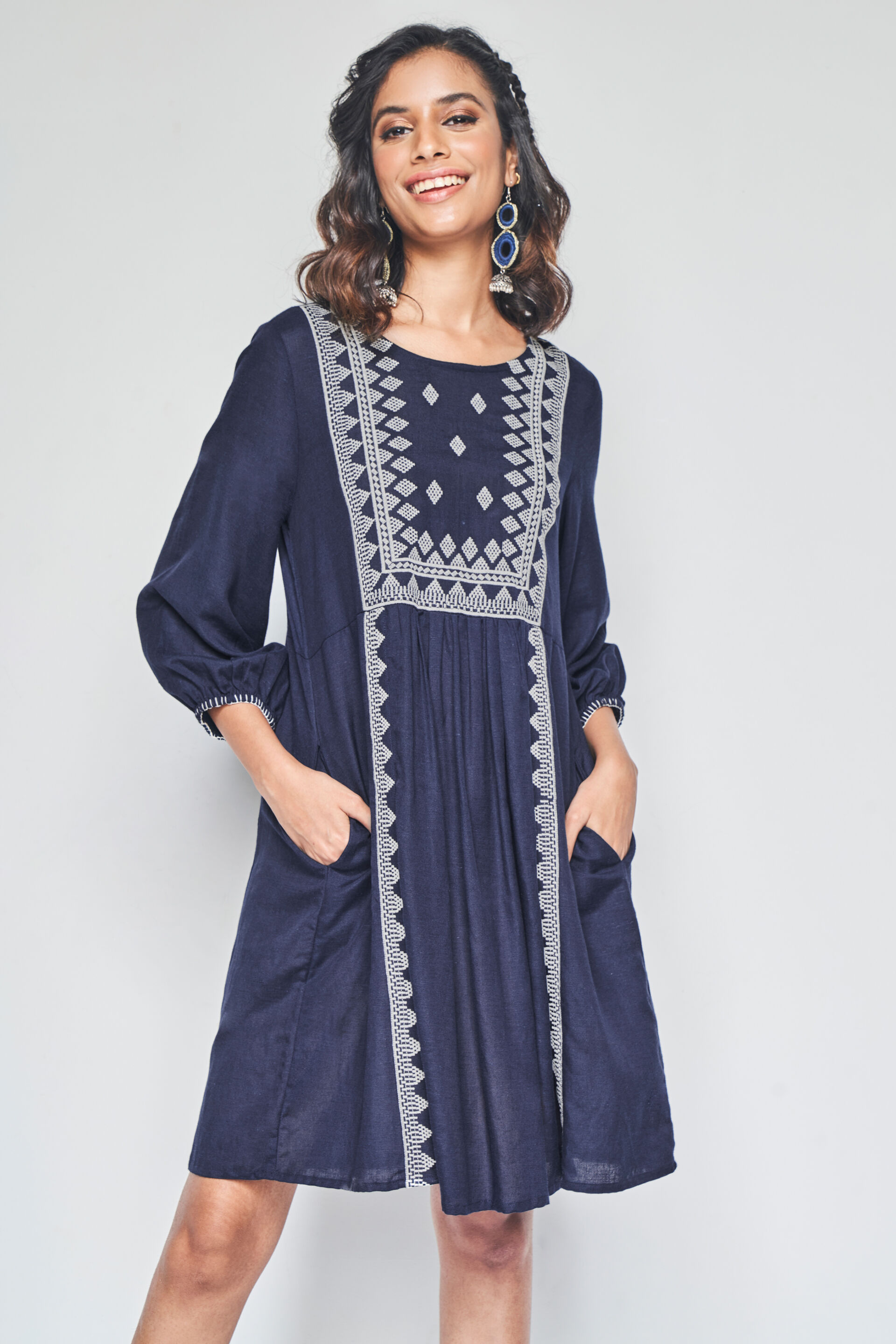 Navy blue embroidered dress sales